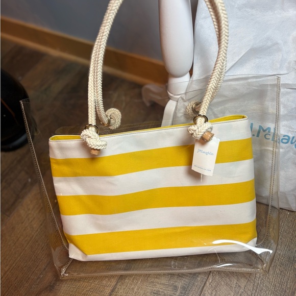 NWT J.McLaughlin Harper Clear Yellow Stripe Tote Stadium Beach Bag Rope - Picture 10 of 12
